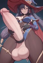 ai_generated cock_ring futanari genshin_impact hair_ornament large_balls large_hat large_penis leotard long_hair long_penis mona_(genshin_impact) pantyhose spartan25 twintails