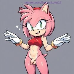 ai_assisted ai_generated amy_rose belly_button bottomless bracelets furry_female futa_only futanari gloves green_eyes, hairband hearts_around_head pink_hair, red_topwear small_penis_futa sonic_the_hedgehog_(series)