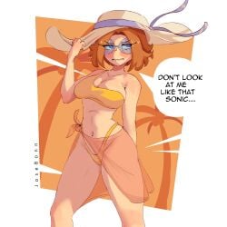 beach_hat bikini bikini_bottom bikini_top blue_eyes breasts dr._eggma’am dr._eggmom dr_robotnik eggmaam genderswap_(mtf) glasses hat josebonn navel orange_hair rule_63 short_hair sonic_(series) sonic_the_hedgehog_(series) sunglasses swimsuit tinted_eyewear transparent_skirt two-piece_swimsuit