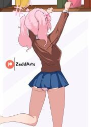 1girls back_of_head back_view behind_view blue_skirt doki_doki_literature_club female female_only natsuki_(doki_doki_literature_club) no_socks panties panty_peek pink_hair pink_panties school_uniform skirt slender_legs socks_removed solo thighs zeddarts