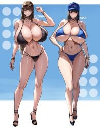 2girls bikini breasts brown_hair female hi_res hips huge_breasts light-skinned_female light_skin long_hair naughty_face original original_character short_hair thick_thighs thighs wide_hips wolffeld_price