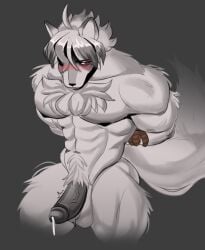 abs absurd_res anthro ass balls biceps big_balls big_pecs big_penis big_tail black_nipples blush bodily_fluids body_hair canid canine canis chest_hair chest_tuft cum digital_media_(artwork) eirikbat embarrassed erection fluffy fluffy_chest fluffy_hair fluffy_tail fur genital_fluids genitals hair hi_res humanoid_genitalia humanoid_penis looking_at_viewer male male_only mammal mihoyo muscular muscular_anthro muscular_male muscular_thighs nipples nude pecs penis pubes red_eyes simple_background solo solo_male tail thick_thighs tuft vein veiny_penis von_lycaon white_body white_fur wolf zenless_zone_zero