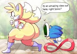 1femboy 2025 2boys 2d 2d_(artwork) alternate_ass_size alternate_body_type anthro anthro_only ass big_ass big_butt dialogue english english_dialogue english_text femboy furry furry_only motion_lines sega senor9 senordraws sonic_(series) sonic_the_hedgehog tails tails_the_fox text