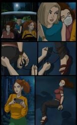 3girls blonde_female blonde_hair brunette carrying drugged hostage kidnapped kidnapping kitty_pryde marvel oc original_characters passed_out recording recording_on_phone red_hair_female rope rope_bondage serisabibi tied_up x-men_evolution