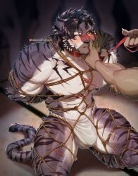 2024 abs absurd_res ambiguous_species anthro arm_scar asian_clothing black_hair blush bodily_fluids bondage booboo34 bound brown_body brown_fur bulge chest_scar claws clothed clothing collar deltoids east_asian_clothing eye_scar facial_scar felid finger_claws fundoshi fundoshi_only fur grey_body grey_fur hair hands_behind_back hands_tied_behind_back hi_res holding_leash holding_object japanese_clothing kneeling leash leashed_collar leg_scar male mammal multicolored_body multicolored_fur muscular muscular_anthro muscular_male nipples pantherine patreon pecs restraints rope rope_bondage scar sdorica snout snout_scar solo striped_body striped_fur stripes sweat tail text tiger topless underwear underwear_only url white_body white_clothing white_fundoshi white_fur white_underwear x_scar yao_(sdorica) yellow_eyes