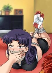 2d 2d_(artwork) bedroom blush blushing_at_viewer blushing_female blushing_profusely bondage bound chloroform dominant domination female female_focus female_only femsub gagging hogtie indoors light-skinned_female light_skin looking_at_viewer lostonezero misato_katsuragi neon_genesis_evangelion pov pov_male purple_hair socks submissive submissive_female