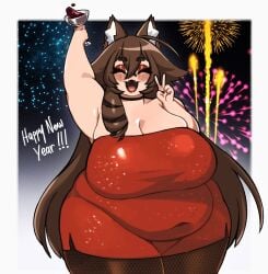 brown_hair cat_ears cat_tail catgirl chubby chubby_female cleavage dress fangs large_breasts long_hair new_year paperrose thick_thighs wide_hips wine wine_glass