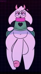 1boy abstract_background anthro blush deltarune evilfiendish femboy femboy_focus fur furry glasses goat goat_boy heart horns huge_balls huge_cock hung_trap hyper_penis lifting_dress penis_focus presenting presenting_penis ralsei ralsei_with_white_fur smile undertale_(series) wide_hips