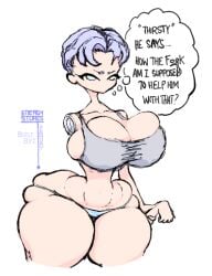 1girls android android_girl angry_face arm_grab artist_name ass ass_squish big_ass big_breasts blue_eyes blue_hair boob_spillage breasts cleavage color colored colored_sketch detachable detachable_parts detached_limbs gray_shirt hourglass_figure huge_ass huge_breasts middle_part overflowing_ass overflowing_breasts purple_hair robot_girl short_hair thong thought_bubble undershirt underwear zommbay