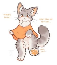 animal_genitalia anthro aster_(kemonymous) balls casual_exposure clothing dialogue english_text felid feline fully_sheathed genitals hi_res kemono kemonymous male mammal pawpads paws poncho sheath solo text