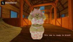 1girls 3d barn big_ass big_breasts blackhornzz breasts breeding_farm breeding_request breeding_slave cleavage cow_bikini cow_ears cow_girl cow_print_bikini fangs female midriff pink_bikini pink_hair roblox robloxian tagme thick_thighs thigh_highs thighighs thighs