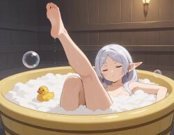 1girls ai_generated bathtub bubble_bath elf elf_female feet frieren frieren_beyond_journey's_end leg_up light-skinned_female rubber_duck white_hair