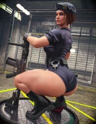 3d 3d_(artwork) ass ass big_ass big_butt bustin3d crouching crouching_female female gun hi_res highres jill_valentine ranged_weapon resident_evil resident_evil_3 solo solo_female weapon