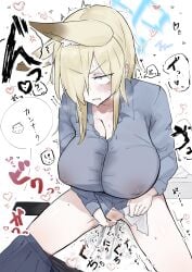 1boy animal_ears blonde_hair blue_archive blue_eyes blush breasts censored cleavage clenched_teeth commentary covered_nipples dog_ears doodle_sensei_(blue_archive) female female_ejaculation female_masturbation female_pubic_hair hair_over_one_eye halo heart highres inset kanna_(blue_archive) large_breasts long_hair masturbation pubic_hair rottenweiler sensei_(blue_archive) sharp_teeth skirt skirt_around_one_leg solo_focus sweat teeth translation_request