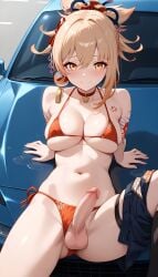 1girls ai_generated arm_tattoo bangs big_ass big_breasts big_butt bikini blonde_female blonde_hair blonde_hair erection_under_clothes futanari genshin_impact hair_ornament high_resolution highres hoyoverse jasse looking_at_viewer penis tagme yoimiya_(genshin_impact)