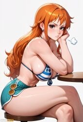 ai_generated artist_name bangs bare_shoulders bikini bikini_top_only blush breasts brown_eyes cleavage closed_mouth crossed_legs earrings female from_side front-tie_bikini_top front-tie_top head_rest high_resolution highres jewelry large_breasts lips long_hair looking_at_viewer nami nami_(one_piece) one_piece orange_hair shiny shiny_skin short_shorts shorts sideboob simple_background sitting solo stable_diffusion striped striped_bikini swimsuit thighs waifuscans418 white_background