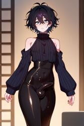 1boy 1femboy ai_assisted ai_generated black_hair bulge bulge_through_clothing femboy femboy_focus femboy_only high_waisted_pants oc penis short_hair solo tight_pants