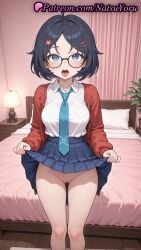 1girls ahoge ai_generated anime anime_style ass_visible_through_thighs bangs bed bedroom black-framed_eyewear black_hair blue_eyes blue_hair blue_necktie blue_skirt blush breasts bust busty cardigan clothes_lift collared_shirt curtains feet_out_of_frame female female_focus female_only flashing glasses hair_ornament hairclip hentai hi_res high_quality high_resolution highres indoors jacket lamp lifted_by_self long_sleeves looking_at_viewer medium_breasts megane mila_(miside) miside mita_(miside) natsuyoru necktie no_panties on_bed open_cardigan open_clothes open_jacket open_mouth paipan parted_bangs pillow plant pleated_skirt potted_plant pussy red_cardigan red_jacket round_eyewear saliva school_uniform shirt shirt_tucked_in short_hair skirt skirt_lift socks solo solo_female standing teeth thigh_gap tie tongue tongue_out uncensored vagina voluptuous voluptuous_female white_shirt wooden_floor