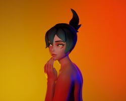 background colored_background gradient_background green_hair kiriko_(overwatch) overwatch overwatch_2 pinup tasteful_nudity yellow_eyes