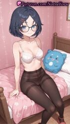 1girls ai_generated anime anime_style asian bangs bare_arms bare_shoulders bed bedroom black-framed_eyewear black_hair black_pantyhose blue_eyes blue_hair blush bow bow_bra bow_panties bra breasts brown_pantyhose bust busty cleavage closed_mouth collarbone covered_navel crotch_seam female female_focus female_only glasses hair_clips hair_ornament hairclip hi_res high_quality high_resolution highres indoors looking_at_viewer medium_breasts megane mila_(miside) miside mita_(miside) natsuyoru navel no_panties on_bed panties panties_under_pantyhose pantsu pantyhose parted_bangs picture_frame pillow pussy round_eyewear short_hair sitting slippers smile solo solo_female stomach stuffed_animal stuffed_toy thigh_gap thighband_pantyhose underwear underwear_only voluptuous voluptuous_female white_bra white_panties