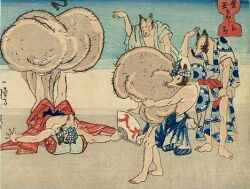 1844 19th_century ancient_art anthro asian_clothing asian_mythology balls big_balls canid canine clothing east_asian_clothing east_asian_mythology exercise genitals group huge_balls japanese_clothing japanese_mythology low_res male mammal mythology public_domain raccoon_dog tanuki utagawa_kuniyoshi weightlifting workout yokai