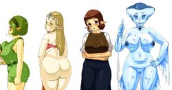 4girls anju ass blue_eyes blue_skin blush bottomless breasts brown_hair choker clothing dress female female_only fin fish_girl green_eyes green_hair headband highres huge_ass huge_breasts kokiri long_hair multi_eye multiple_girls nintendo ocarina_of_time orange_eyes paychflat plump pointy_ears princess_ruto princess_zelda purple_eyes pussy saria short_hair skirt the_legend_of_zelda uncensored wet white_background zelda_(twilight_princess) zora