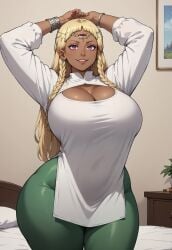 ai_assisted ai_generated arms_behind_back arms_behind_head atlus bathroom big_breasts big_chest blonde_female blonde_hair blonde_hair_female blush blushing_at_viewer blushing_female blushing_profusely braided_hair breasts_bigger_than_head brown_skin civitai confused confused_look confusion curvy_body curvy_female curvy_figure earrings eupha_(metaphor:_refantazio) exposed_breasts front_view grabbing_ass hentai hourglass_figure huge_breasts indoors jewelry long_hair macro_female massive_breasts metaphor:_refantazio metaphorzio mini_giantess multiple_eyes nsfw ornament question_mark slim_waist stretching video_game video_game_character video_games wide_hips