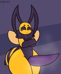 2022 antennae bee bee_boy bottom_heavy crossed_arms evilfiendish eyelashes femboy grumpy huge_cock hung_trap insect_humanoid massive_penis musk musk_clouds musky_cock thick_thighs wings