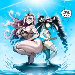 2girls ai_generated ai_text celestia_ludenberg cow-ede_akamatsu danganronpa fight huge_ass huge_breasts iruma_miu squatting tagme thegoldensmurf_(style)