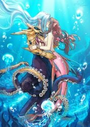 1boy 1girls aerith_gainsborough elena_ivlyushkina enemies enemies_to_lovers female final_fantasy final_fantasy_vii final_fantasy_vii_remake flower flower_in_hair in_water kay-i kissing long_hair long_hair_male making_out male male/female mermaid mermaid_girl mermaid_tail octopus_boy octopus_humanoid octopus_tentacle pink_tail pointy_ears sephiroth shirtless sideboob silver_hair small_breasts square_enix straight tail topless topless_female underwater villain villain_on_heroine water