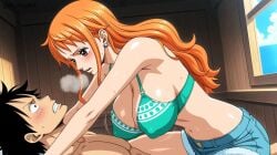 ai_generated artist_request big_breasts bikini_top blush bouncing_breasts earrings female luffy male monkey_d_luffy muscular muscular_male nami on_top one_piece orange_hair tattoo