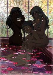 ass bathing claudette dark_skin elina female flower highres leina long_hair multiple_girls photoshop queen's_blade short_hair water yuri