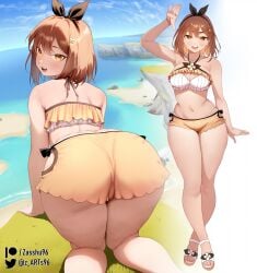 1girls :d all_fours ass atelier_(series) atelier_ryza atelier_ryza_1 bikini black_hairband blue_sky bow_hairband brown_hair crossed_legs female from_behind hair_ornament hairband hairpin halterneck highres looking_at_viewer looking_back multiple_views ocean open_mouth outdoors patreon_username reisalin_stout sandals shore short_hair sky smile swimsuit toes twitter_username watson_cross white_bikini white_footwear yellow_bikini zasshu