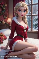 1girls ai_generated artist_name bare_legs bed belt blonde_hair blue_eyes box braid breasts christmas christmas_ornaments christmas_tree cleavage curtains disney disney_princess dress elsa_(frozen) eyeshadow frozen frozen_(film) frozen_2 fur-trimmed_dress fur_trim gift gift_box hair_over_shoulder hi_res high_heels indoors lamp lips lipstick long_hair looking_at_viewer makeup medium_breasts on_bed patreon_username pillow progenarts red_dress red_footwear santa_costume single_braid sitting snow solo web_address window yokozuwari