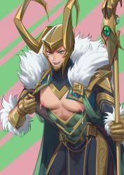 1boy big_pecs eilinna femboy femboy_only lactation loki_(marvel) loki_(marvel_rivals) male male_lactation marvel marvel_rivals smile thor_(series)