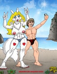 2023 anthro areola bandai_namco beach big_breasts blonde_hair breasts camel_toe cellphone clothed clothing digimon digimon_(species) duo electronics female flashing fur gesture hair hand_gesture heart_symbol hi_res human larger_anthro larger_female lipstick_(wcd1959) long_hair male mammal muscular muscular_human muscular_male nipples phone pose renamon selfie size_difference tagme topless v_sign wcd1959_(artist) white_body white_fur