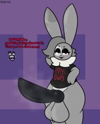 anthro bunny couple evilfiendish femboy fur furry grey_fur huge_balls huge_cock knot mare_(evilfiendish) massive_penis musk musk_clouds musky_cock offscreen_character orio_(nonbinary_bunny) purple_eyes red_eyes smug solo_male talking_to_another