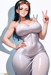 1girls ai_generated breasts dress female glasses nico_robin one_eye_closed one_piece peace_sign smile stable_diffusion sunglasses sunglasses_on_head thick_thighs waifuscans418 watermark