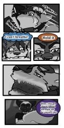 2025 absurd_res anthro blush canid canine canis cobalt_(tatsuchan18) collar comic dialogue english_text felid fellatio fur genitals group hair hi_res holding_head leash male male/male mammal oral pantherine penile penis profanity sex speech_bubble tatsuchan18 text tiger tongue wolf