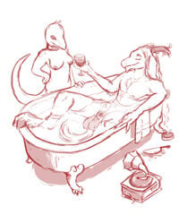 balls bath big_balls blood breasts cigarette collar demon female goat hair horn knife lizard male mordecai_(slug) phonograph scalie slug_(artist) wine