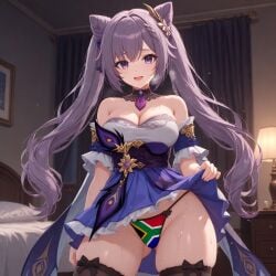 1girls ai_assisted ai_generated bikini bikini_bottom bikini_only breasts female female_focus female_only flag flag_bikini flag_print flag_print_bikini genshin_impact hair horny horny_female keqing_(genshin_impact) legs legs_apart legs_spread navel purple_eyes purple_hair solo solo_female solo_focus south_african_flag sweat sweatdrop sweating sweaty sweaty_body sweaty_breasts thick_thighs thighs thong thong_bikini