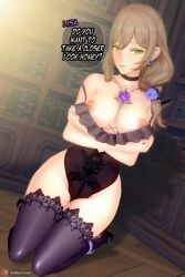 1girls 3d big_breasts bodysuit breasts_out brown_hair choker collarbone crossed_arms curvy dialogue_bubble earrings genshin_impact green_eyes hair_ornament holding_own_breast kneeling koikatsu library lingerie lisa_(genshin_impact) long_hair looking_at_viewer mature_female necklace neckwear nipples patreon_username shrug_(clothing) side_ponytail talking_to_viewer thick_thigs thighhighs wide_hips yohika_itochi