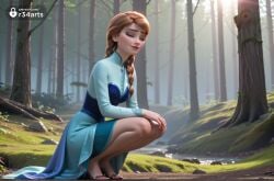 1girls ai_generated anna_(frozen) artist_name blue_dress braid closed_eyes disney disney_princess dress eyeshadow forest freckles frozen frozen_(film) frozen_2 grass hair_over_shoulder hi_res lips long_hair makeup nature outdoors r34arts rock solo squatting tree twin_braids