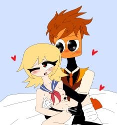 1boy 1girl1boy anemone blonde_hair blushing cum_inside drooling eyes_rolling_back female girl grabbing_breasts green_eyes heart-shaped_pupils hearts_around_head orange_hair orange_tie orange_vest sam_the_sea_anemone short_hair tits_out white_gloves