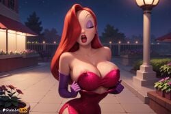 1girls ai_generated artist_name bare_shoulders breasts cleavage closed_eyes cocktail_dress collarbone dress earrings elbow_gloves eyeshadow gloves hair_over_one_eye hi_res jessica_rabbit jewelry large_breasts lipstick long_hair makeup night nipple_slip nipples open_mouth outdoors purple_eyeshadow purple_gloves red_dress red_hair red_lips rule34lab sky solo strapless strapless_dress undressing who_framed_roger_rabbit