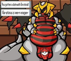 altered_forme_giratina anthro belly big_belly blush bulge clothing digital_media_(artwork) dragon english_text gayguyfella generation_4_pokemon giratina hi_res legendary_pokemon looking_at_viewer male multi_arm multi_limb mythological_creature mythological_scalie mythology nintendo overweight overweight_anthro overweight_male pokemon pokemon_(species) scalie simple_background solo tail text thick_thighs underwear wide_hips wings