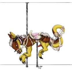 1boy anthro bell bondage bound bow carousel erection horn male male_only penis plain_background slug_(artist) solo tail_bondage white_background