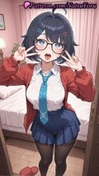 1girls ahe_gao ahoge ai_generated anime anime_style bangs bed bedroom black-framed_eyewear black_hair black_pantyhose blue_eyes blue_hair blue_necktie blue_skirt blush breasts bust busty cardigan clothing collared_shirt crotchless curtains double_v female female_focus female_only glasses hair_clips hair_ornament hairclip heart heart-shaped_pupils hentai hi_res high_quality high_resolution highres indoors jacket lamp large_breasts legwear long_sleeves looking_at_viewer megane mila_(miside) miniskirt miside mita_(miside) natsuyoru necktie open_cardigan open_clothes open_mouth pantyhose plant pleated_skirt red_cardigan red_jacket school_uniform shirt shirt_tucked_in short_hair skirt slippers solo solo_female standing symbol-shaped_pupils thighband_pantyhose tie tongue tongue_out upper_teeth_only v voluptuous voluptuous_female white_shirt wooden_floor