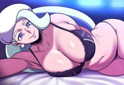 1girls ai_generated bed bedroom huge_breasts lingerie looking_at_viewer lying mature_female melony_(pokemon) milf mullon novelai pokemon pokemon_ss seductive seductive_look smile white_hair