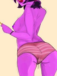 ass_focus ass_freckles body_fluids breast_piercing breasts fanart female female_focus female_only jellybean_(mcyt) jellybean_(youtuber) panties pngtuber purple_body purple_hair simple_background thick_ass vtuber vtuberfanart youtuber